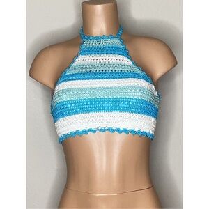 NEW PILYQ crochet halter top High Neck PQ Bikini Swimsuit Lace Up Back Striped